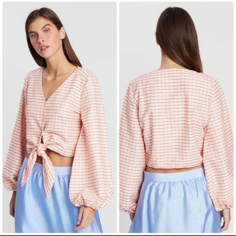 Stine Goya Blanca Pink Plaid Front Tie Waist V-Neck Blouse